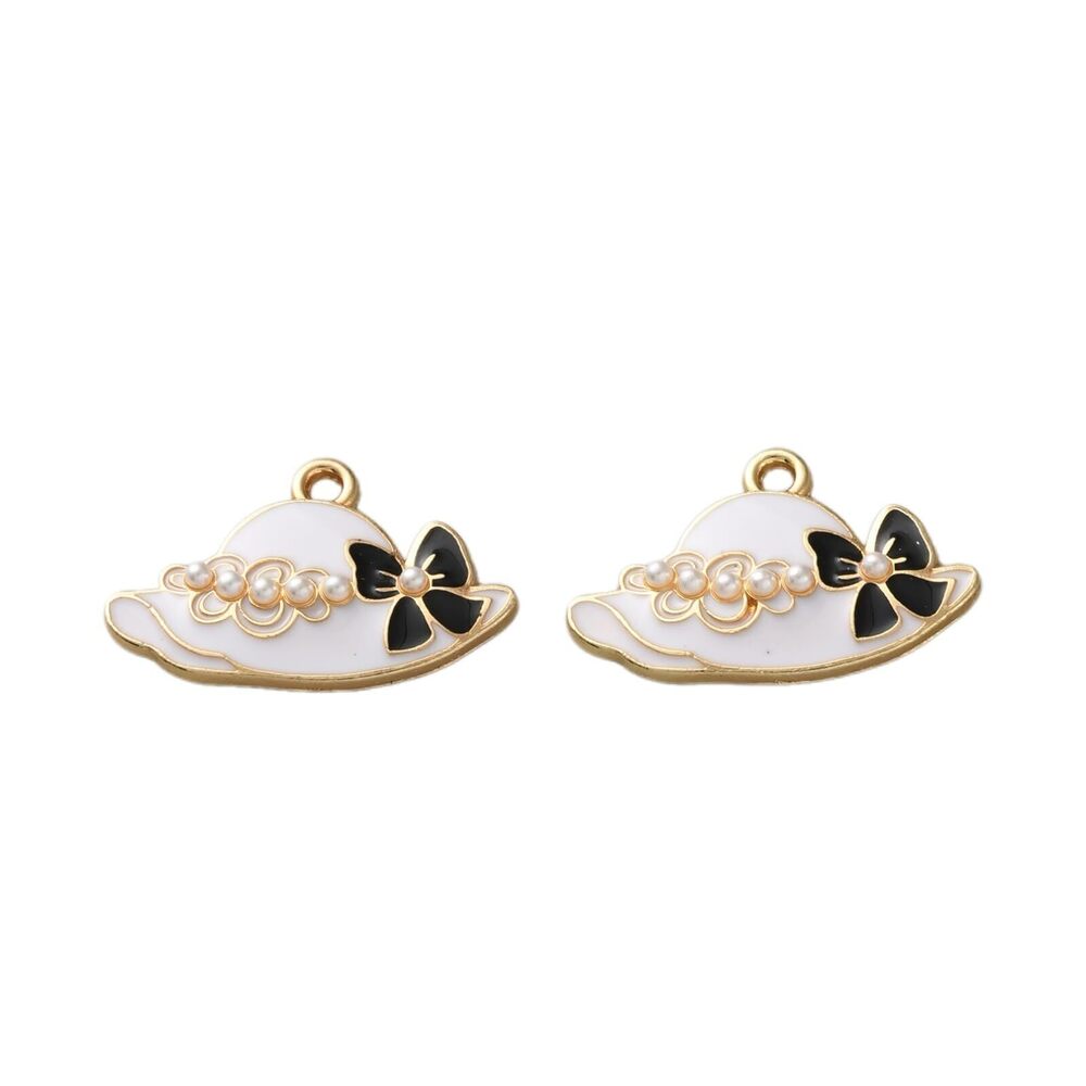 9074 20 pcs White Hat with Bowknot Enamel Charms Make Up Theme Charms